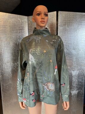 Olive Green Botanical Animal Print Turtleneck Sweatshirt
